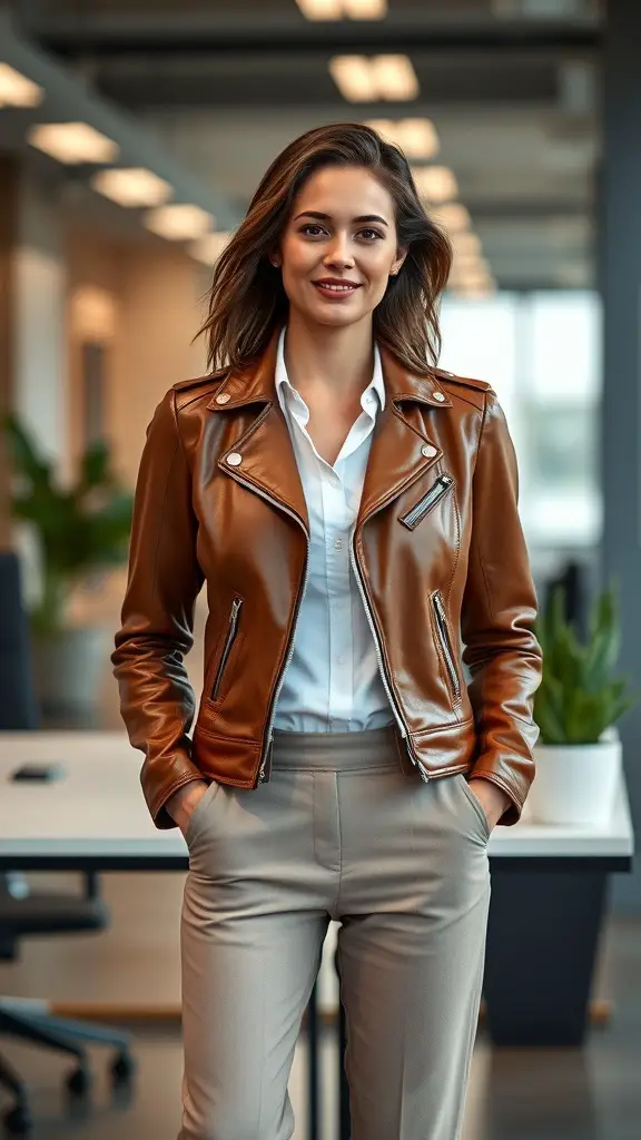 A man in a brown leather jacket, light blue shirt, and khaki pants, standing confidently in a modern office setting.