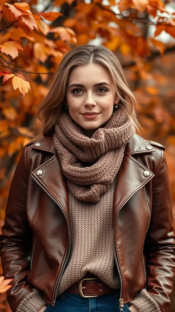 A brown leather jacket layered over a gray sweater, complemented by a striped scarf, surrounded by autumn leaves.