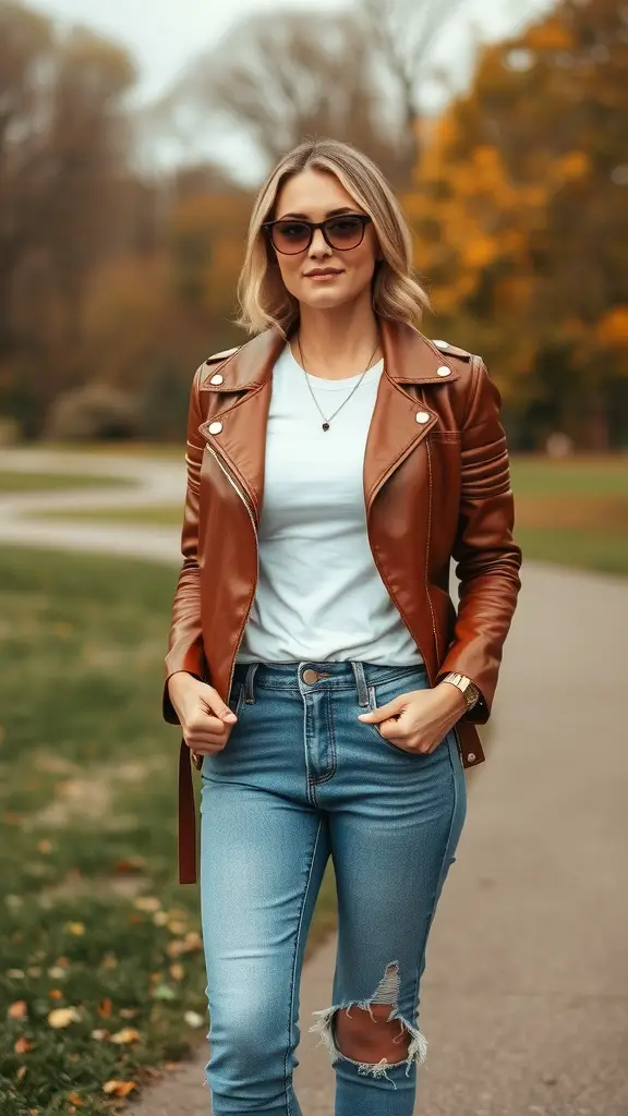 A young man wearing a brown leather jacket, white t-shirt, and blue jeans, standing outdoors.