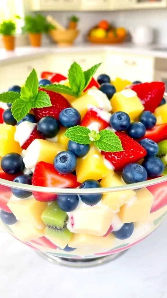 A bowl of cheesecake fruit salad with strawberries, blueberries, pineapple, and kiwi, garnished with mint leaves.