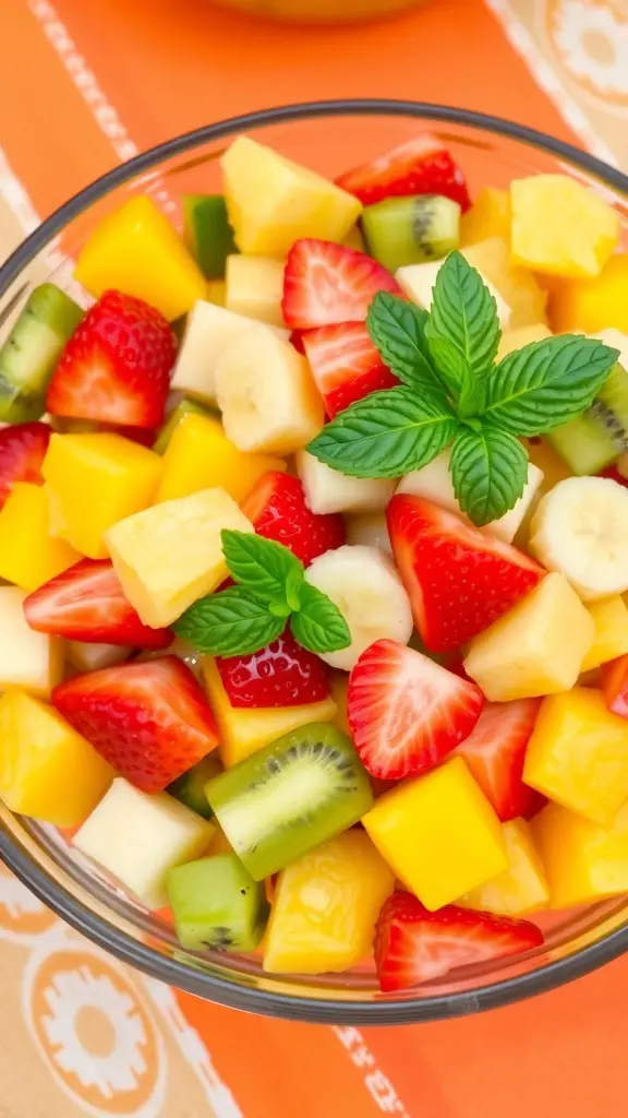 A colorful tropical fruit salad with pineapple, mango, kiwi, strawberries, and banana, garnished with mint leaves.
