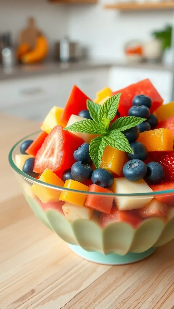 A vibrant bowl of breakfast fruit salad with strawberries, blueberries, pineapple, watermelon, and orange segments, garnished with mint.