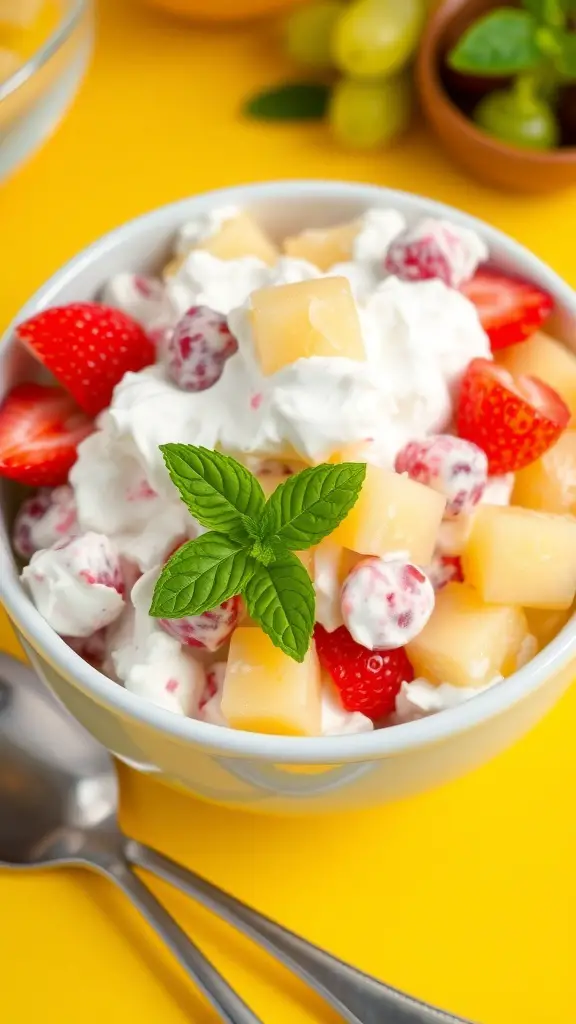 A bowl of creamy fruit fluff salad with strawberries, pineapple, grapes, and mini marshmallows, garnished with mint.