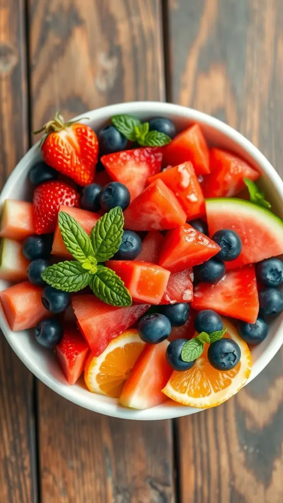 A vibrant healthy fruit salad with strawberries, blueberries, watermelon, and orange segments, garnished with mint leaves.