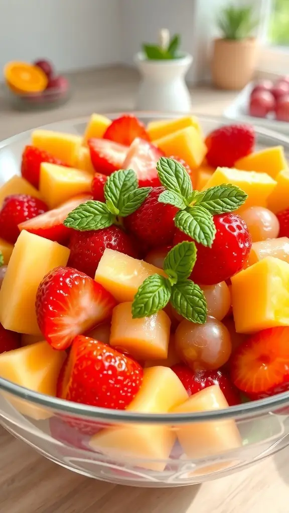 A vibrant fruit cocktail salad with strawberries, melons, grapes, and oranges, garnished with mint leaves in a sunny kitchen.