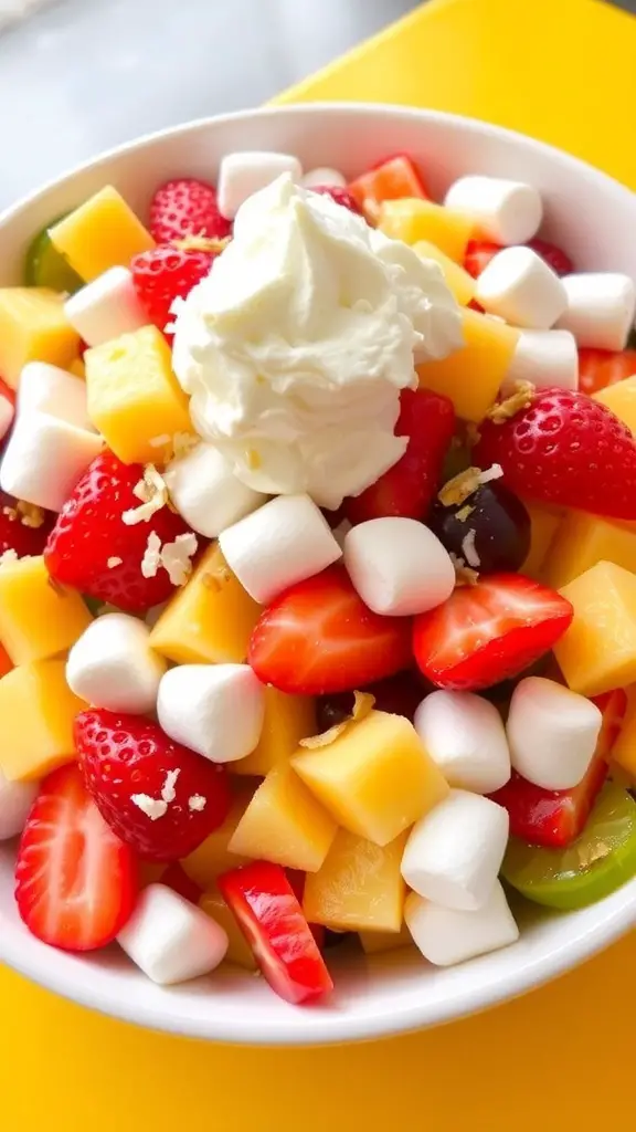 A colorful fruit salad with strawberries, pineapple, grapes, and marshmallows, topped with whipped cream and coconut.