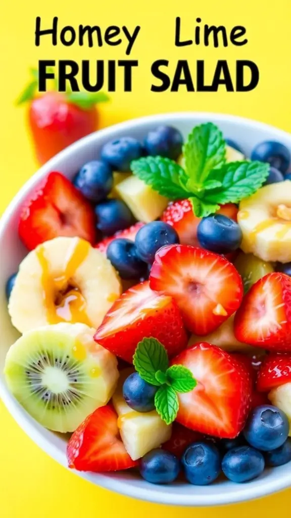 A refreshing bowl of fruit salad with strawberries, blueberries, kiwi, pineapple, and banana, topped with honey lime dressing and mint.