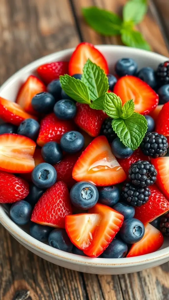 A vibrant bowl of berry fruit salad with strawberries, blueberries, raspberries, and blackberries, garnished with mint.