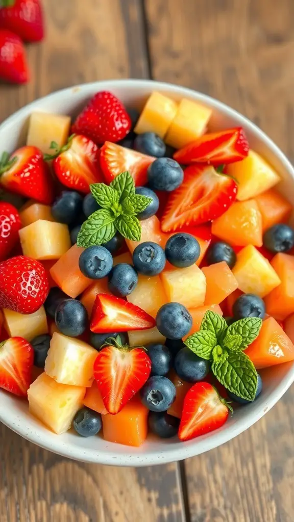 A vibrant bowl of mixed fruit salad with strawberries, blueberries, pineapple, and melons, garnished with mint leaves.