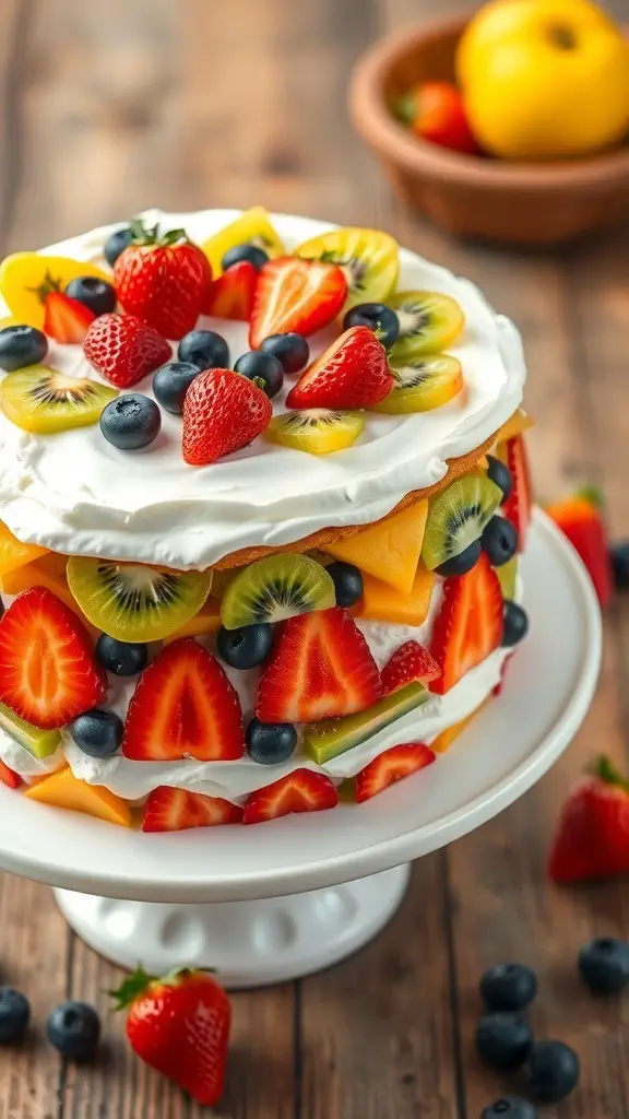 A layered fruit salad cake with fresh fruits and whipped cream on a cake stand.