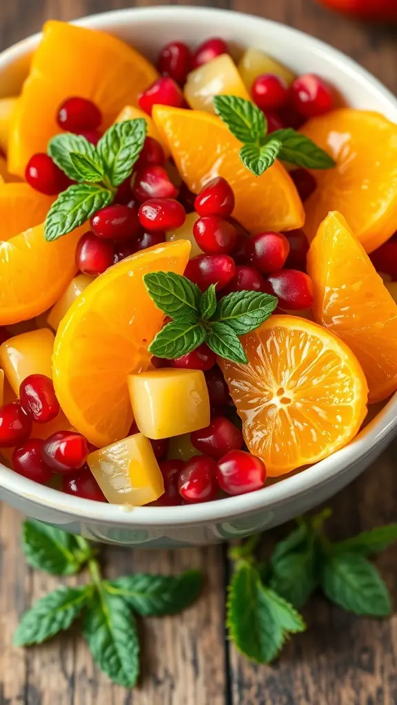 A vibrant winter fruit salad with oranges, pomegranate seeds, and grapes in a bowl, garnished with mint.