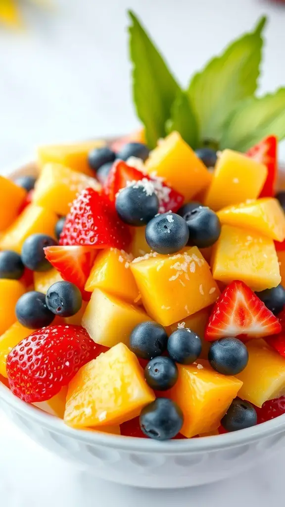 A vibrant Hawaiian fruit salad with pineapple, mango, strawberries, and blueberries, garnished with coconut.