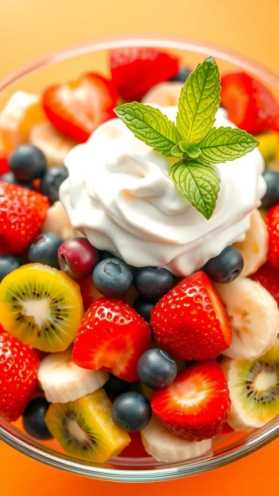 A colorful fruit salad with strawberries, blueberries, bananas, and kiwi topped with whipped cream and mint.