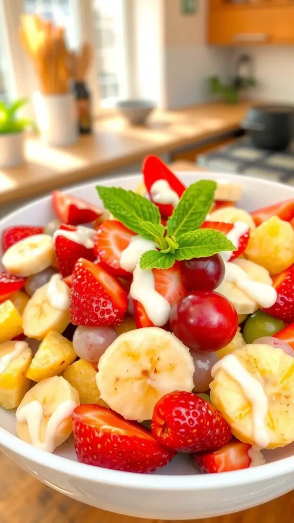 A colorful creamy fruit salad with strawberries, bananas, grapes, and pineapple in a bowl, garnished with mint.