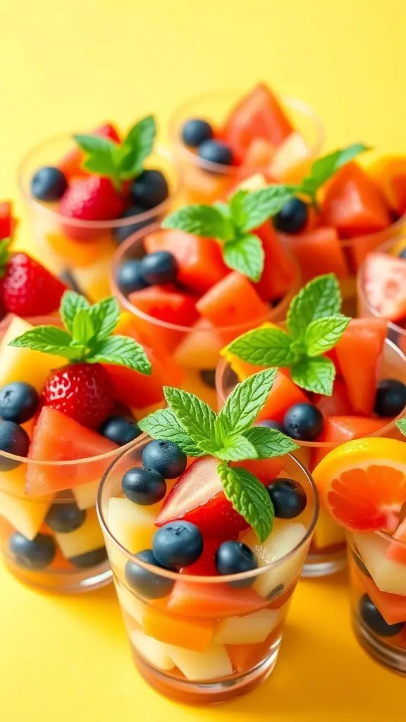 Colorful fruit salad cups with strawberries, blueberries, pineapple, watermelon, and orange, garnished with mint.