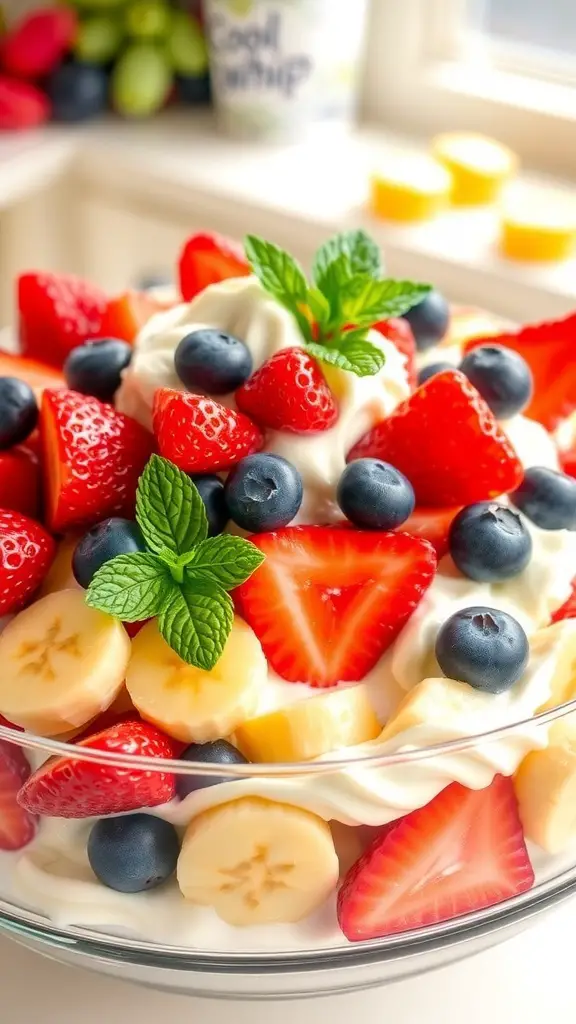 A colorful bowl of Cool Whip fruit salad with strawberries, blueberries, bananas, and grapes, garnished with mint.