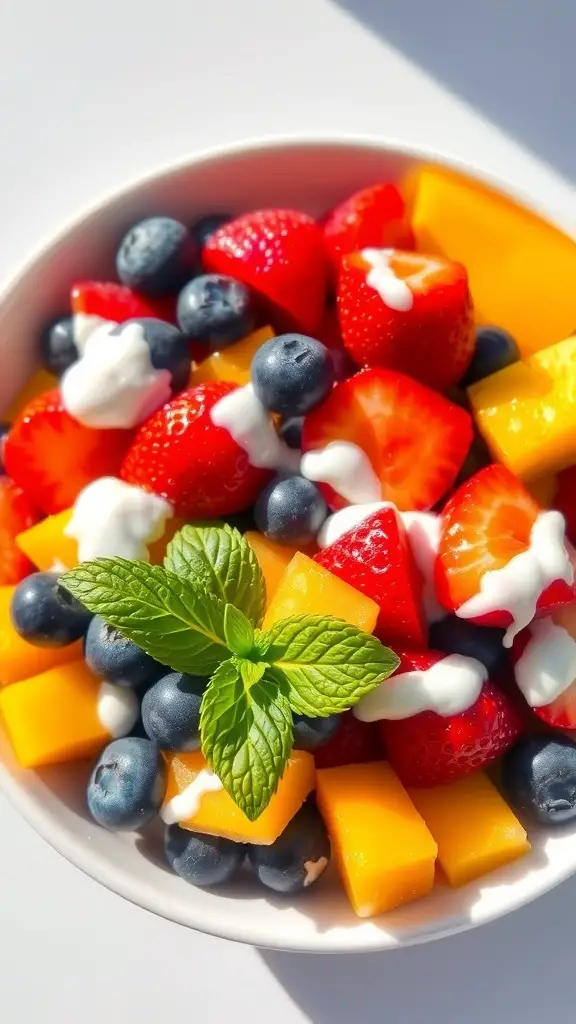 A colorful fruit salad with strawberries, blueberries, pineapple, and mango topped with yogurt and mint.