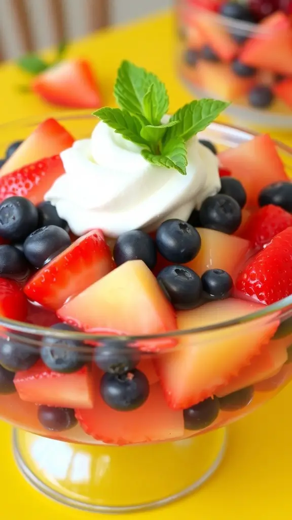 A vibrant fruit jello salad with mixed fruits in gelatin, topped with whipped cream and mint.