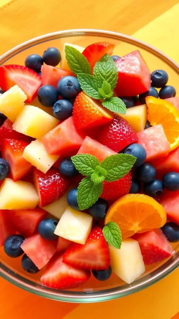 A colorful fruit salad with strawberries, blueberries, pineapple, watermelon, and orange, garnished with mint.