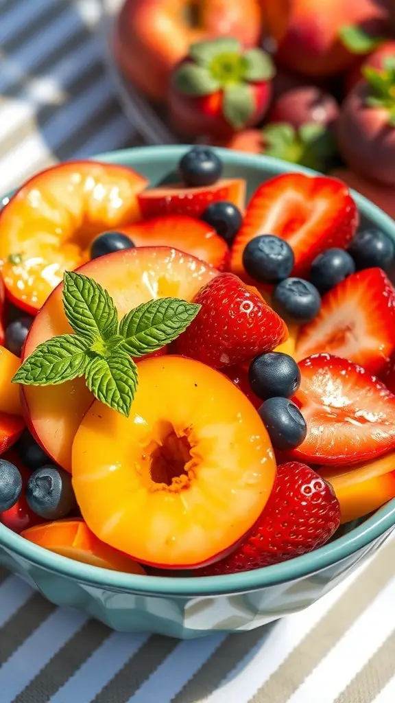 A colorful peach fruit salad with peaches, strawberries, and blueberries in a bowl, garnished with mint.