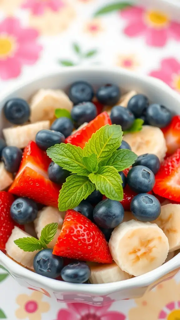 A colorful fruit salad with strawberries, blueberries, and bananas, garnished with mint leaves.