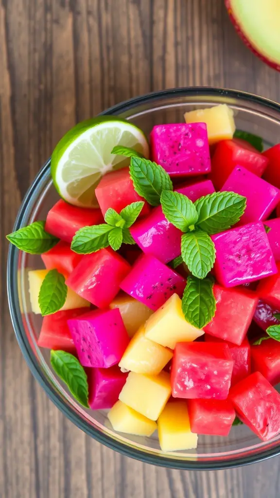A vibrant dragon fruit salad with pink dragon fruit, watermelon, and pineapple in a clear bowl on a wooden table.
