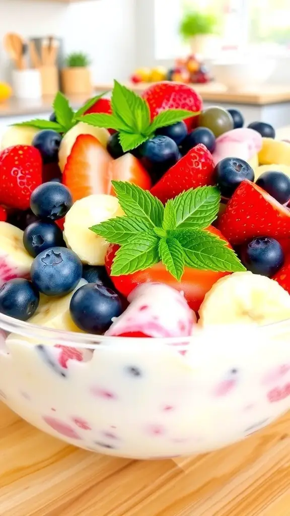 A vibrant bowl of vanilla pudding fruit salad with mixed fruits and mint leaves.