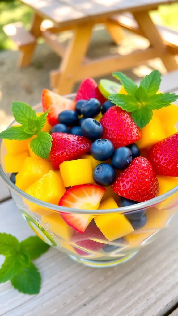 A vibrant mango fruit salad with mango, strawberries, blueberries, and kiwi, garnished with mint leaves.