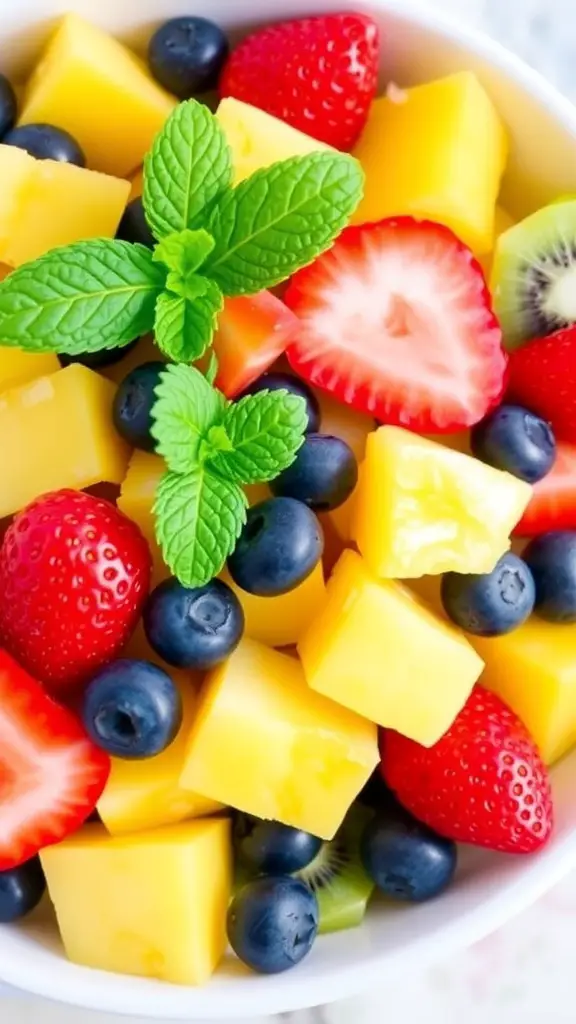 A vibrant bowl of pineapple fruit salad with pineapple, strawberries, blueberries, and kiwi, garnished with mint.