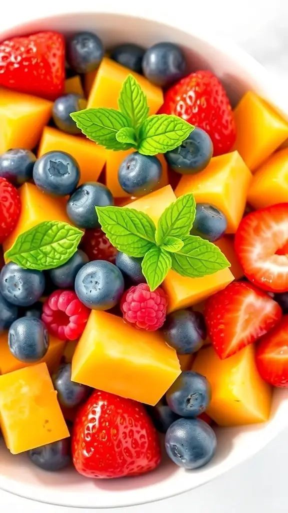 A colorful keto fruit salad with strawberries, blueberries, cantaloupe, and raspberries, garnished with mint.