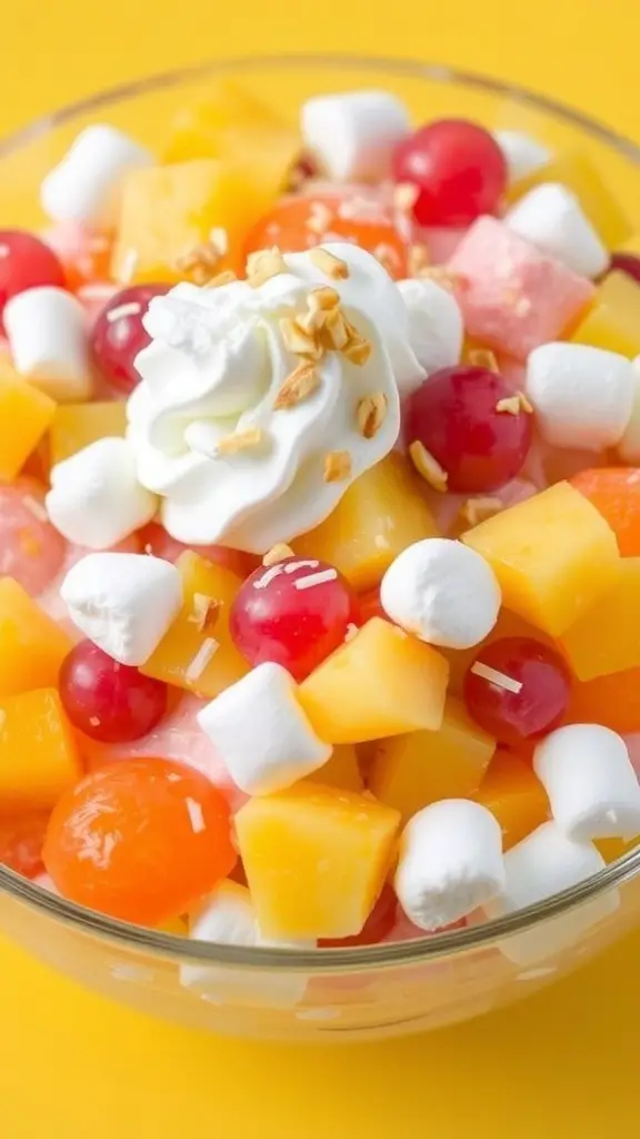 A colorful ambrosia fruit salad with fruits, marshmallows, and cream, garnished with coconut and nuts.