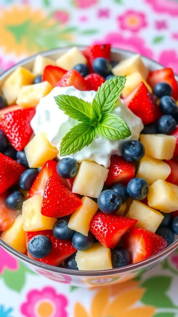 A colorful fruit salad with strawberries, blueberries, pineapple, grapes, and bananas topped with Cool Whip, garnished with mint.