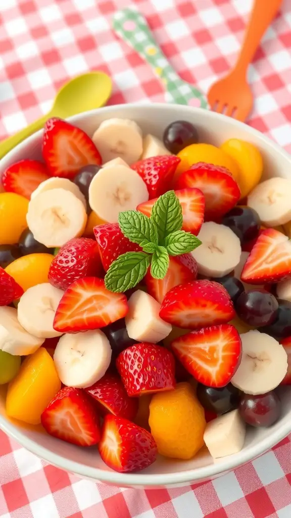 A bright and colorful fruit salad with strawberries, bananas, grapes, and mint leaves, served in a bowl on a picnic table.