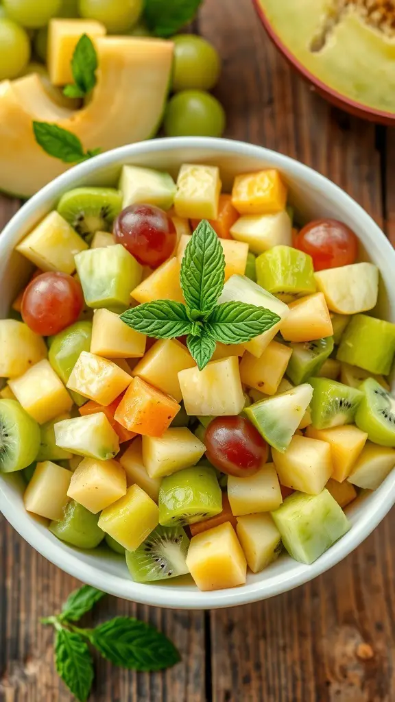 Refreshing Green Fruit Salad Recipe A refreshing green fruit salad with kiwis, green apples, grapes, and honeydew melon, garnished with mint leaves.