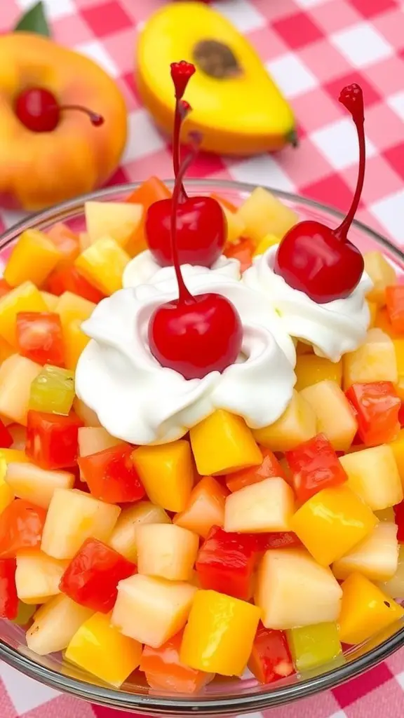 A colorful bowl of canned fruit salad with peaches, pears, pineapple, and whipped cream, garnished with cherries.