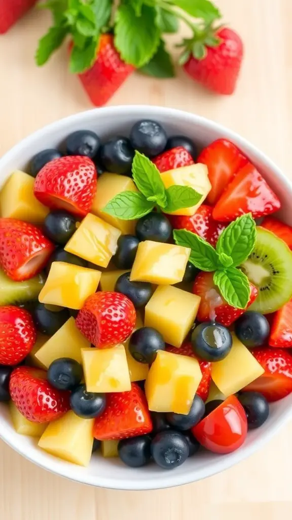 A vibrant fruit salad with strawberries, blueberries, pineapple, kiwi, and grapes, garnished with mint leaves, on a wooden table.