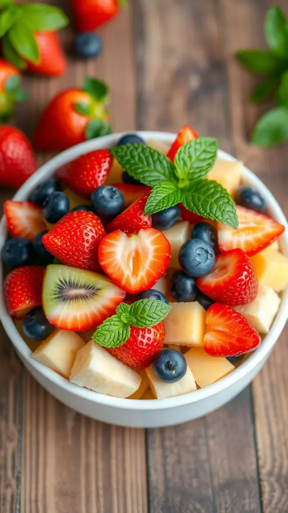 A colorful bowl of strawberry fruit salad with strawberries, blueberries, pineapple, kiwi, and banana, garnished with mint leaves.