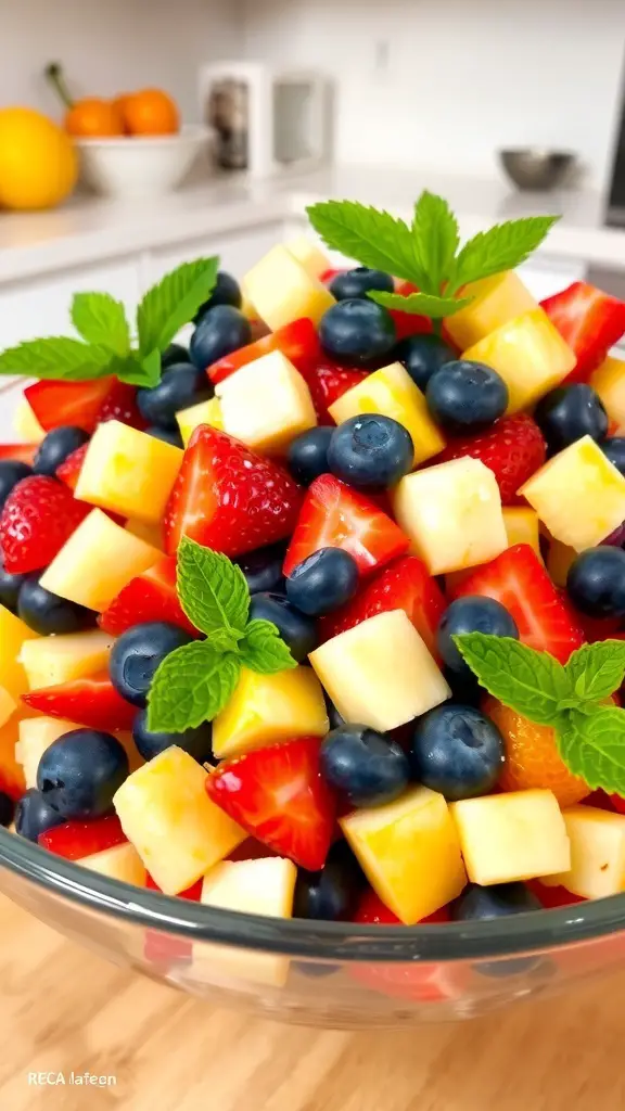 A bowl of apple fruit salad with apples, strawberries, blueberries, and orange segments, garnished with mint.