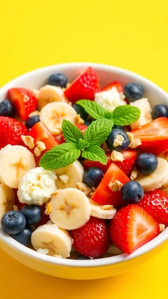 A colorful cottage cheese fruit salad with strawberries, blueberries, bananas, and nuts in a bowl.