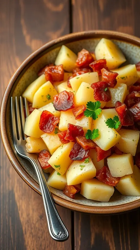 Traditional German potato salad with sliced potatoes, bacon, and parsley in a rustic bowl.