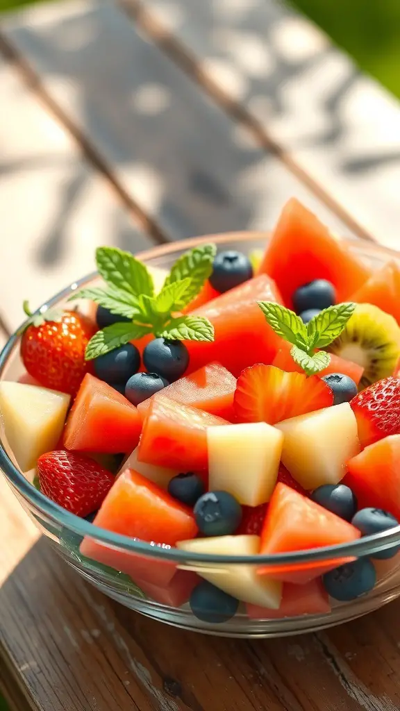 A refreshing summer fruit salad with strawberries, blueberries, watermelon, and kiwi, garnished with mint leaves.
