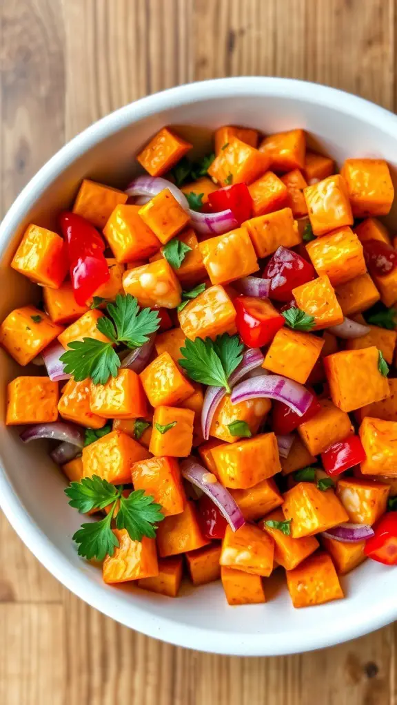 A colorful sweet potato salad with roasted sweet potatoes, bell peppers, and red onions, garnished with parsley.