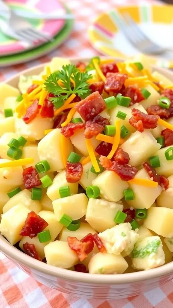 A delicious loaded potato salad with bacon, cheese, and green onions in a bowl, set on a picnic table.