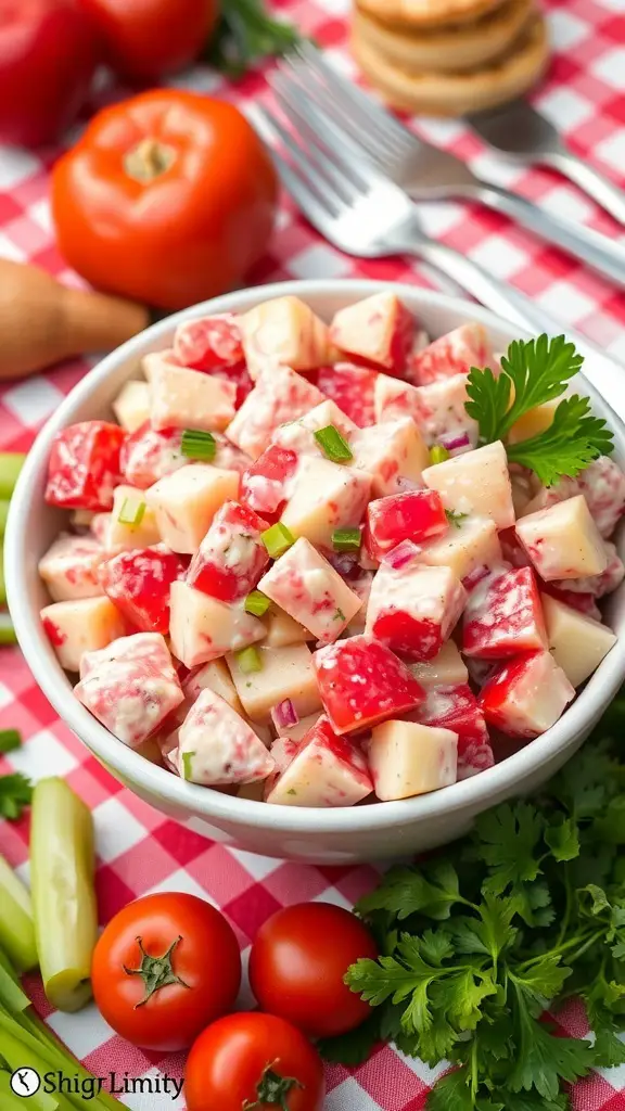 A colorful bowl of red potato salad with creamy dressing, celery, and parsley on a picnic table.