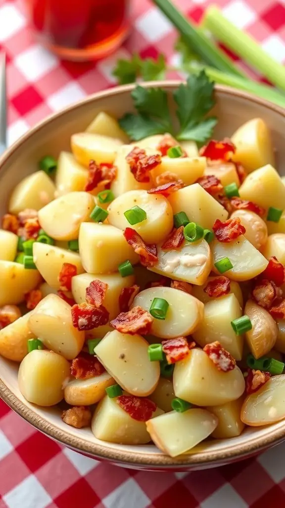 A bowl of crispy potato salad with bacon and green onions, garnished with parsley, on a picnic table.