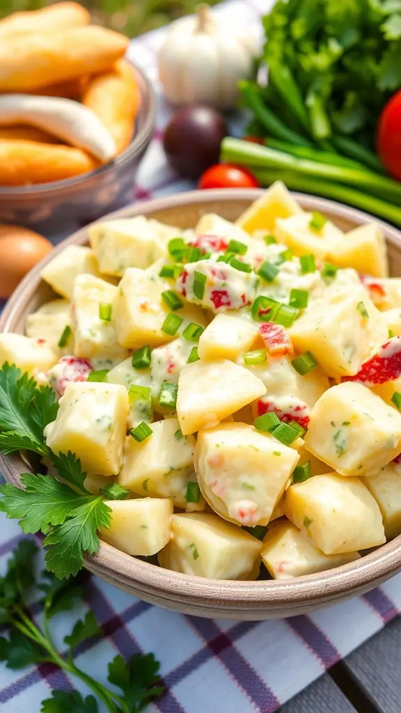 A bowl of creamy smashed potato salad with green onions and parsley, served outdoors on a picnic table.