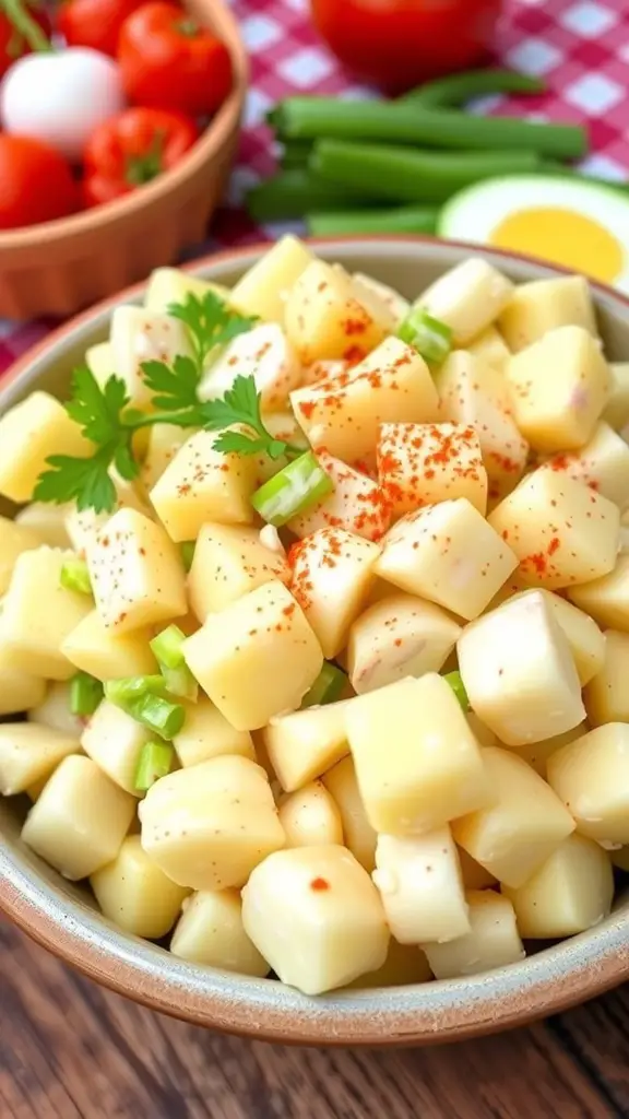 A bowl of creamy Southern potato salad with potatoes, eggs, and celery, garnished with paprika, on a picnic table.