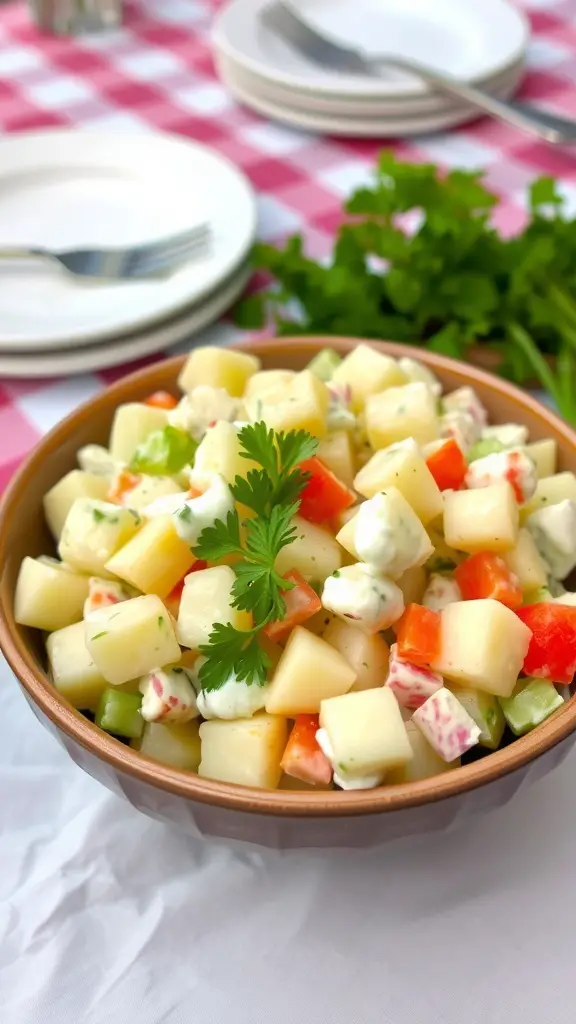 A bowl of creamy potato salad with diced vegetables and parsley, set in a picnic setting.