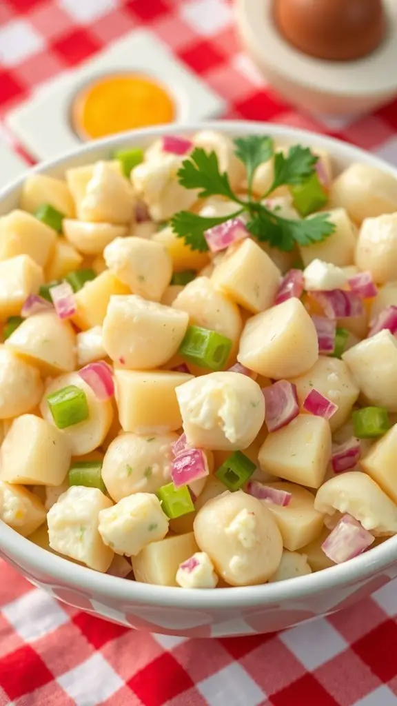 A bowl of classic potato salad with creamy potatoes, celery, onions, and eggs, garnished with parsley on a picnic table.