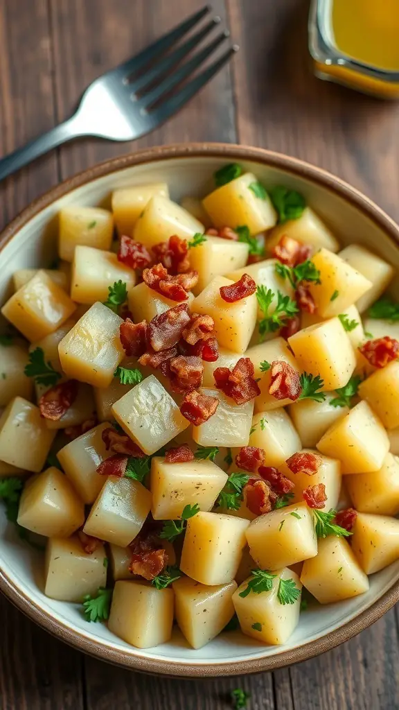 Warm potato salad with baby potatoes, parsley, green onions, and bacon bits in a rustic bowl.